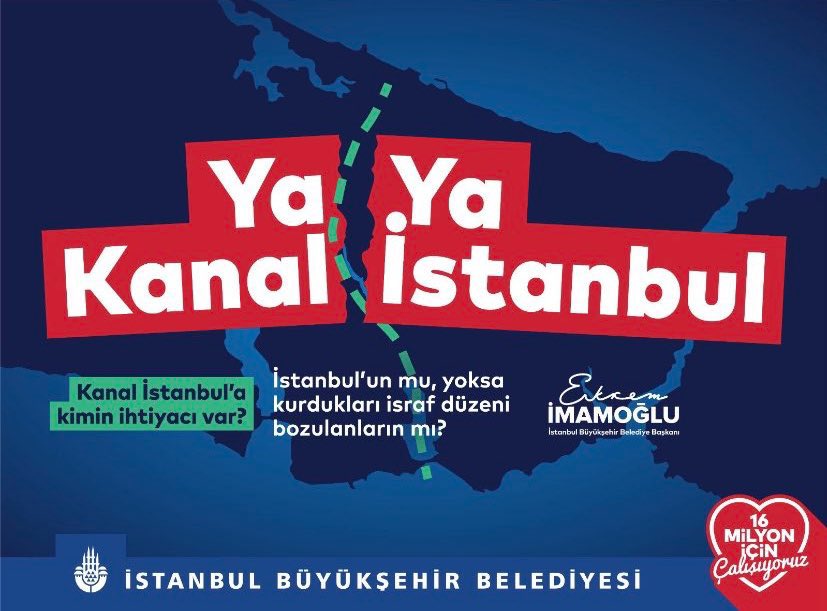 Nerede “Çılgın Proje”? 
2011’den beri Kanal İstanbul belasının peşinden gidenler, bu seçimde projelerini unuttu. 

Siz UNUTMAYIN, kıymetli İstanbullular. Kentimiz için 28 Mayıs seçimi Ya Kanal Ya İSTANBUL seçimidir. İstanbul’a bu kötülüğü yaptırmayalım. Milyonlarca yeni nüfus,…