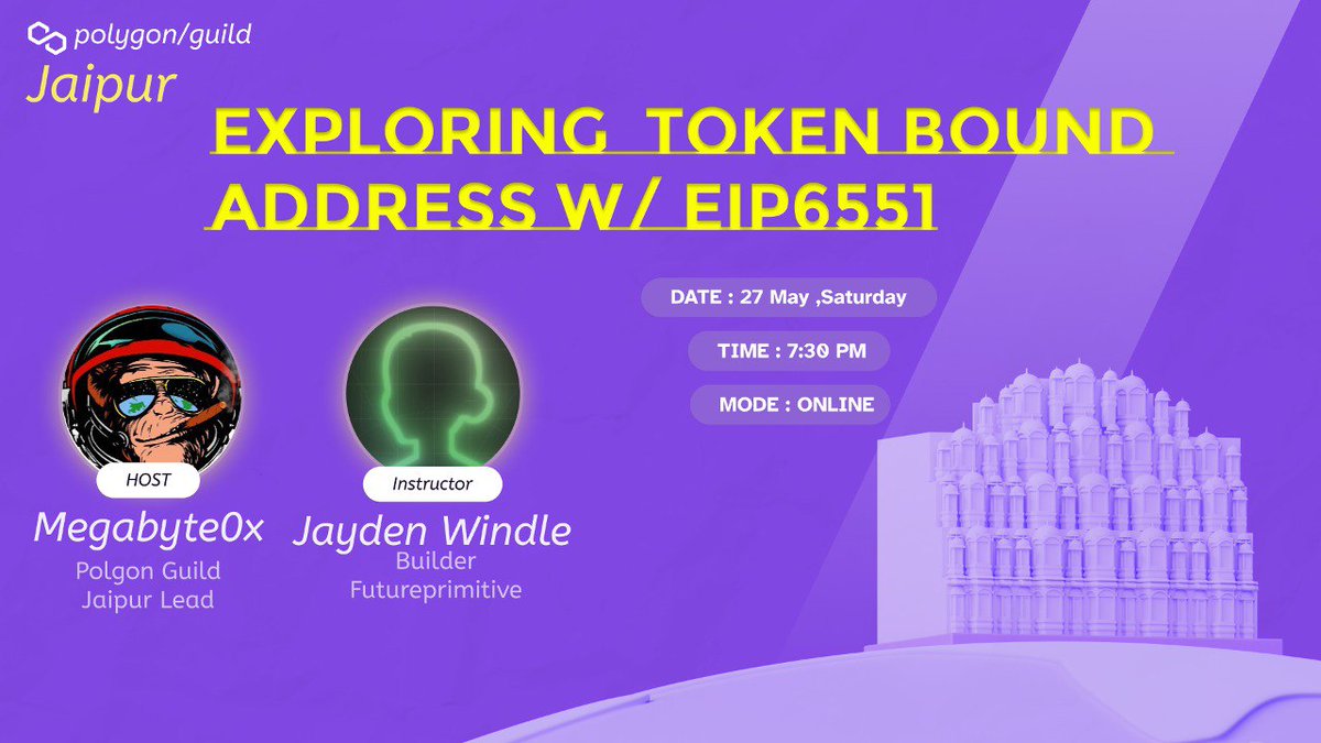 gm ☀️

Lets Explore EIP6551 [Token Bound Address] with <a href="/jayden_windle/">jw 🦺 ERC6551</a> 🔥

Host: <a href="/megabyte0x/">megabyte0x.eth</a> 

Registration Link👇