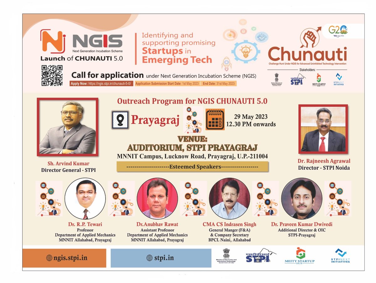 #STPIPrayagraj is organising an outreach session for #Chunauti5.0 under #NGIS scheme for #startups and #entrepreneurs  at auditorium, STPI Prayagraj on 29th May 2023 from 12:30PM. @arvindtw @purnmoon @stpiindia @STPINoida @stpinext