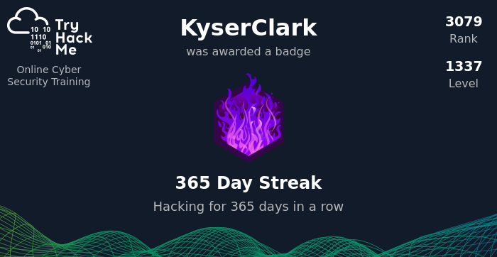 KyserClark's tweet photo. Finally! I have earned the 365-Day Streak Badge on
@tryhackme 

Out of all the badges I've earned from #THM this one is the most special. I literally #LabEverDay

#InfoSec #Hacking #EthicalHacking #PenetrationTesting #PenTesting #Cybersecurity #Cyber #TryHackMe https://t.co/pDpyErKBDv