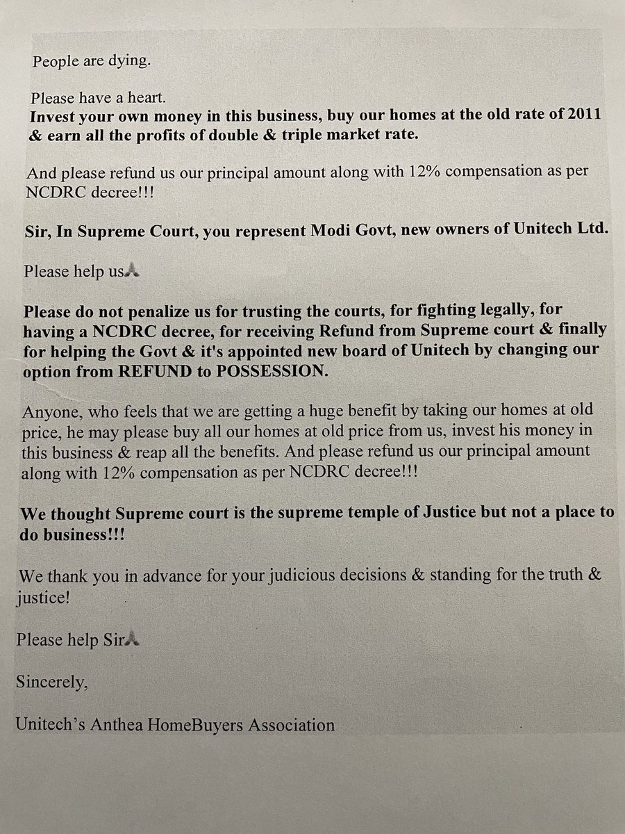VvekTyagi's tweet photo. @narendramodi Sir,

1.   We have not received our home in last 9 years of yr rule

2.   Our NCDRC decree is not honored by your Govt &amp; yr new board of Unitech, they have denied refund &amp; compensation both in their resolution framework

3.   We protested at PMO, detained by police but no relief https://t.co/VvSe9VrePk