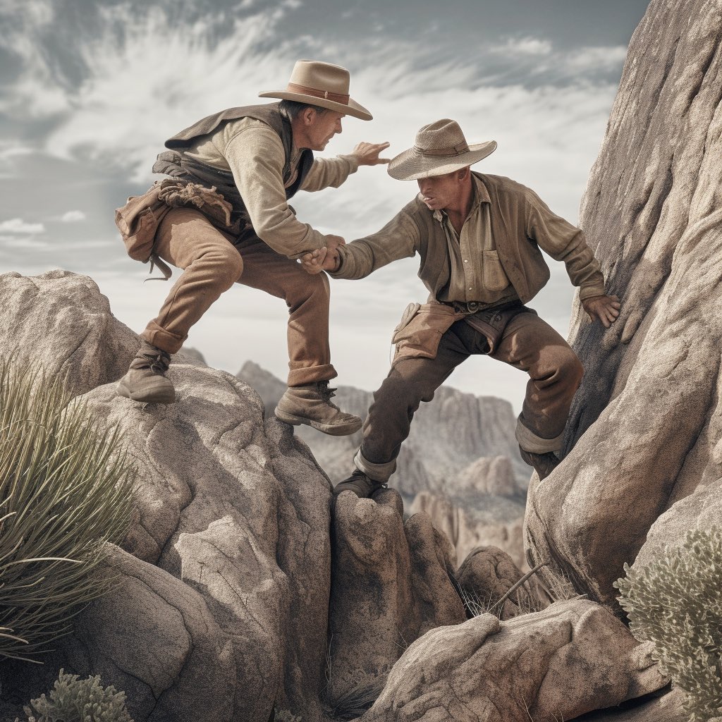 Toy_Maestro's tweet photo. Late night cowboys struggling on a rock cliff #aiart #aiartists #synthograph #promptlaboratory https://t.co/qGEhaIiBoS