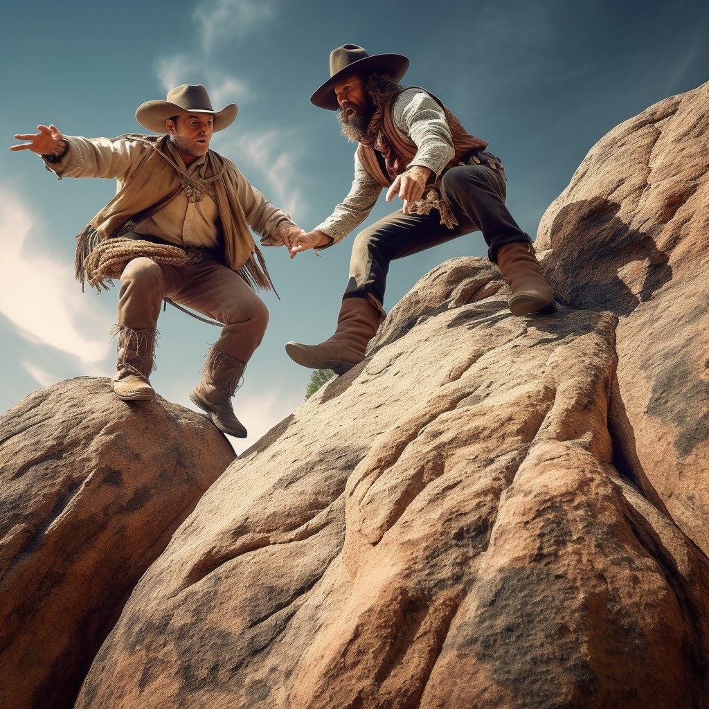 Toy_Maestro's tweet photo. Late night cowboys struggling on a rock cliff #aiart #aiartists #synthograph #promptlaboratory https://t.co/qGEhaIiBoS