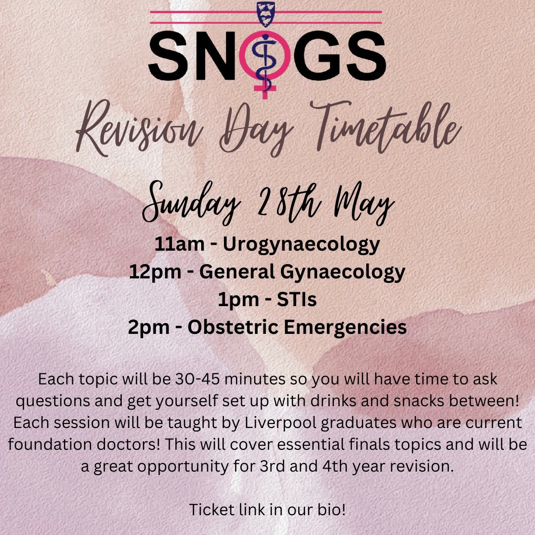 Perfect for 3rd and 4th year exam revision! Join us on zoom for as much of the day as you’d like ☺️

Link to get a free ticket (with zoom link attached): liverpoolguild.org/groups/snogs-s…