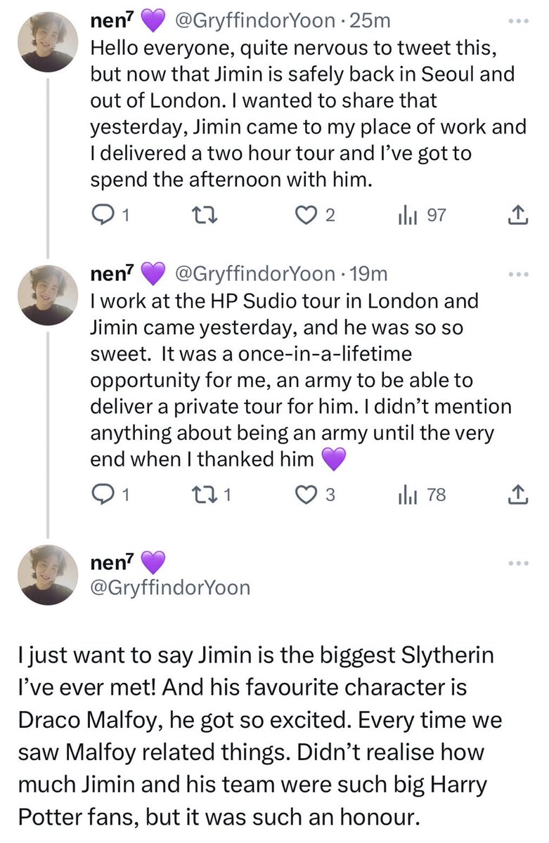 UpdateParkJimin's tweet photo. OP esperou o Jimin chegar em Seul para dizer que ele foi ao Estúdio do Harry Potter em Londres para uma tour e ele é totalmente Sonserina e que seu personagem favorito é o Draco Malfoy 🥹🐍

"(...) Eu trabalho no HP Studio em Londres e Jimin veio ontem, e ele foi tão doce. Foi uma oportunidade única na vida para mim, uma ARMY poder fazer uma tour privada para ele. Não mencionei nada sobre ser ARMY até o final, quando agradeci a ele 💜
Só quero dizer que Jimin é o maior Sonserino que já conheci! E seu personagem favorito é Draco Malfoy, ele ficou tão animado. Toda vez que víamos coisas relacionadas a Malfoy. Não percebi o quanto Jimin e sua equipe eram grandes fãs de Harry Potter, mas foi uma honra."

AMOR 🥹