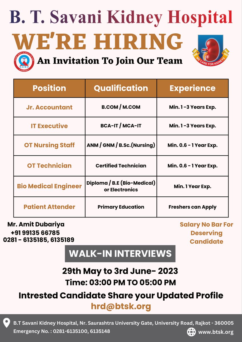 Vacancy for Career Growth Opportunity in Super Specialty Hospital. Open for all, Hurry up...!!!
🩺🏥
#btsavani #BTSavaniKidneyHospital #accountingjobs #itjobsearch #itsupport #technology #nursing #otjobs #HealthcareJobs #biomedical #caregiver #health #job #jobsearch #hospitaljobs