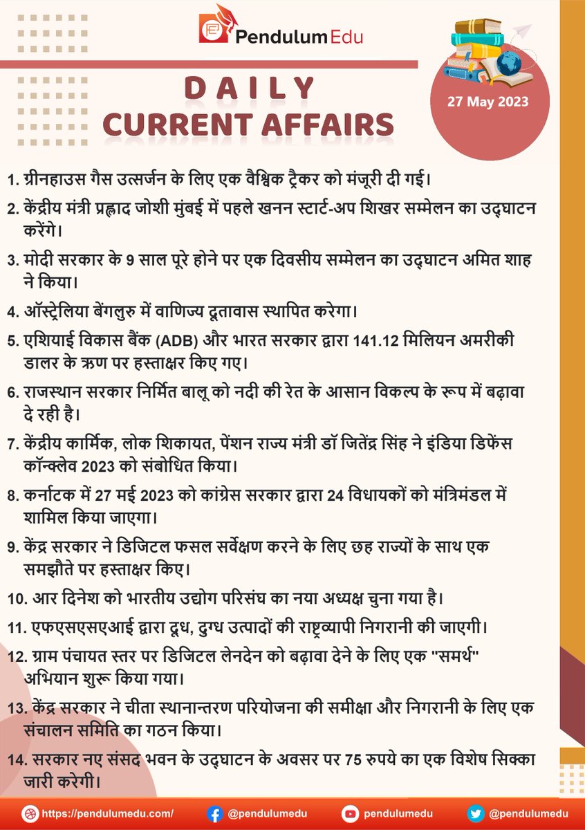 pendulumedu's tweet photo. Current Affairs of 27 May 2023 in Hindi - https://t.co/sbYZoVxmgT
#currentaffairs #news #latestnews #breakingnews #greenhousegases #miningstartup #AmitShah #australia #ADB #riversand #indiadefenceconclave2023 #CongressGov #KarnatakaCM #digitalcropsurvey #IndianIndustry #FSSAI https://t.co/HrkU35iJ3I