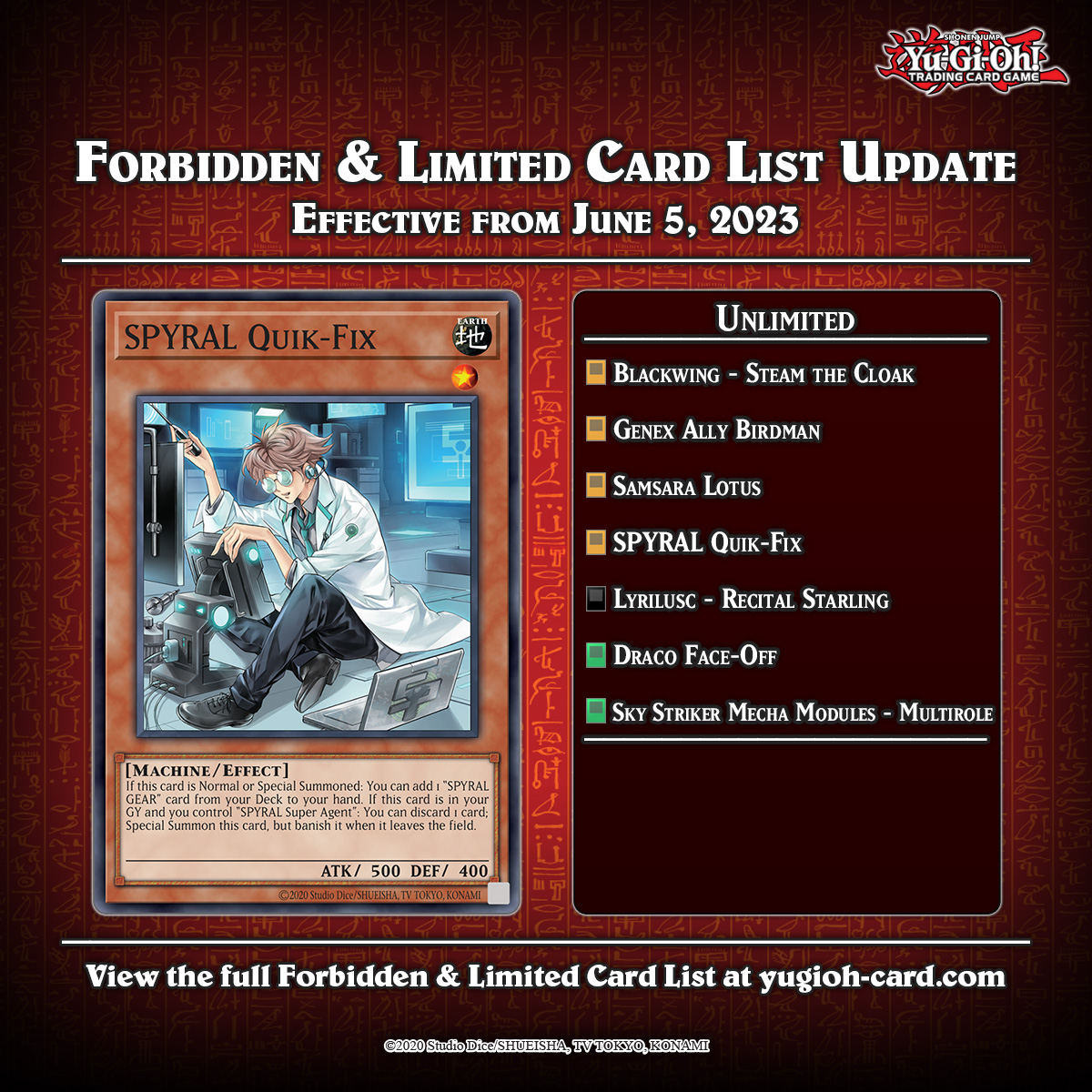 Attention Duelists! The #YuGiOhTCG Forbidden & Limited List has been  updated! These changes go into effect on 5th of June, 2023. Full list:  https://t.co/X2TXRvVdpR #Number89DiablosisTheMindHacker #KashtiraAriseHeart  #RunickFountain #SPYRALQuikFix