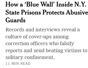 Virtually everything described in these two great articles is a crime. In fact, they reveal a crime wave of epic proportions among prison guards. Neither the U.S. Attorney nor the news treats them as crimes, which says a lot about what elites think the criminal law is for.