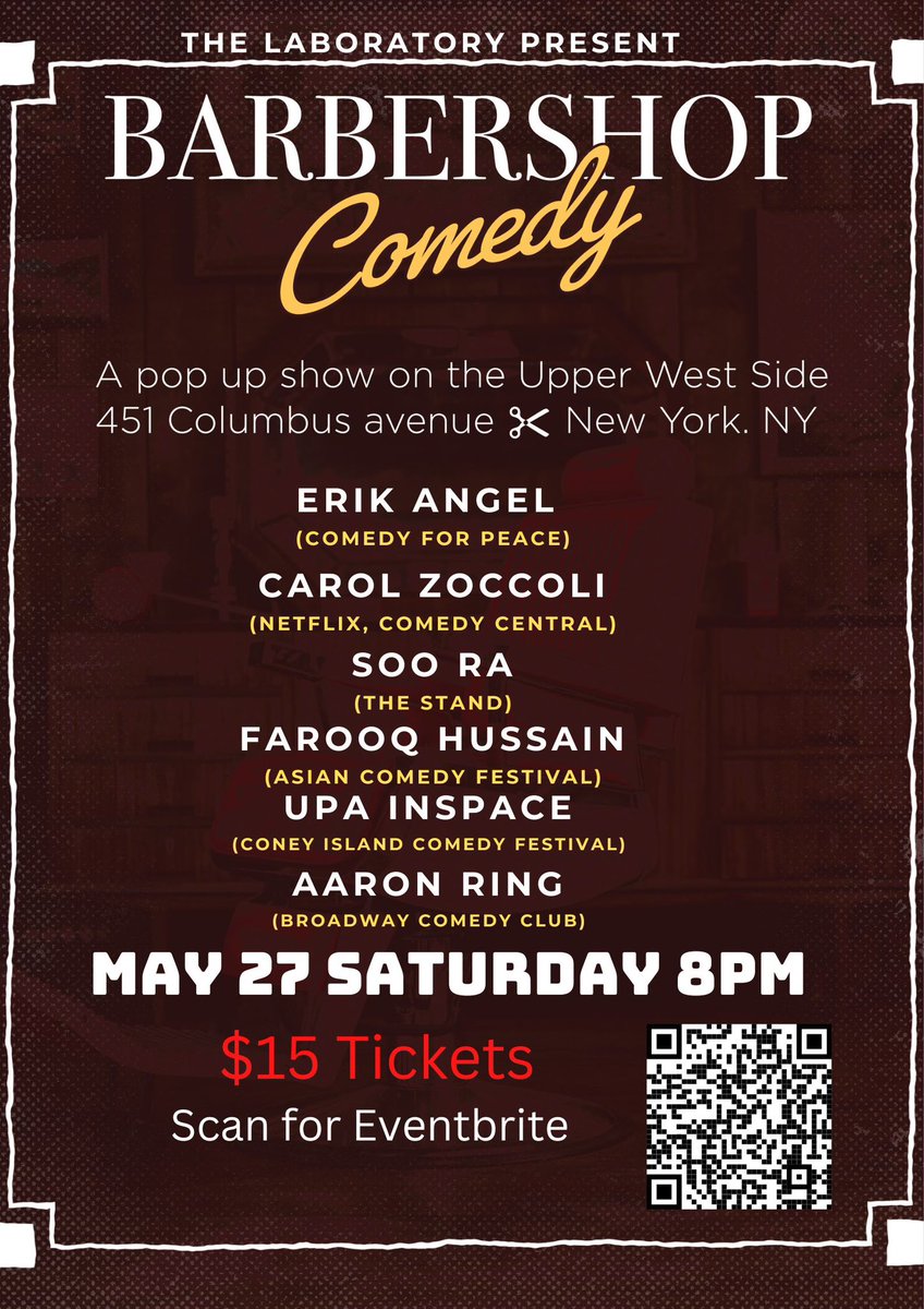 Erik Angel (@erikangelcomedy) on Twitter photo Saturday Sunday special, memorial long weekend comedy shows! Tickets and more details- eventbrite.com/e/barbershop-c…
<a href="/UWSPatch/">UpperWestSide Patch</a> #nycevents #standupcomedy Saturday Sunday special, memorial long weekend comedy shows! Tickets and more details- eventbrite.com/e/barbershop-c…
<a href="/UWSPatch/">UpperWestSide Patch</a> #nycevents #standupcomedy