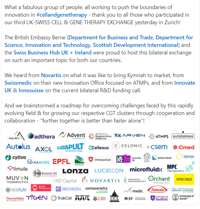 $nwbo Good to see Advent and NWBIO in attendance at the UK-Swiss Cell & Gene Therapy Exchange on May 24th, 2023 in Zurich.  
Excerpt from Helen Stubbs Pugin
who is the DBT Senior Inward Investment Officer at British Embassy Berne, Switzerland & Liechtenstein