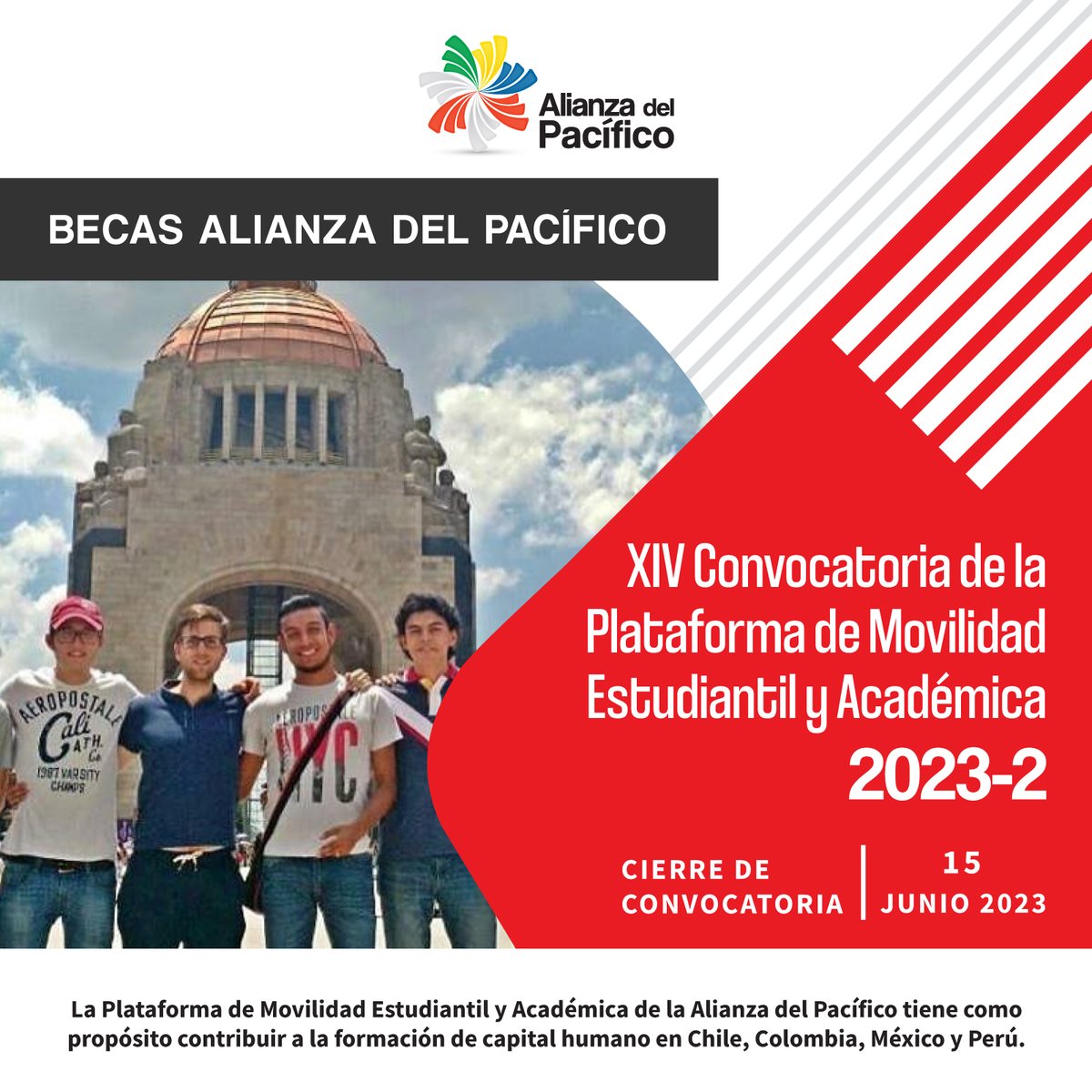 A_delPacifico's tweet photo. 👩🏾‍🎓👨🏻‍🎓 La Plataforma de Movilidad Estudiantil de la #AlianzaDelPacífico incluye modalidades de formación dirigidas a estudiantes de carreras técnicas y tecnológicas, pregrado, doctorado, investigadores/as y docentes.

Convocatoria 👉 https://t.co/eO6YLCaDbp #BecasAP

+ info [🧵1/2] https://t.co/A1NJiBUlvh