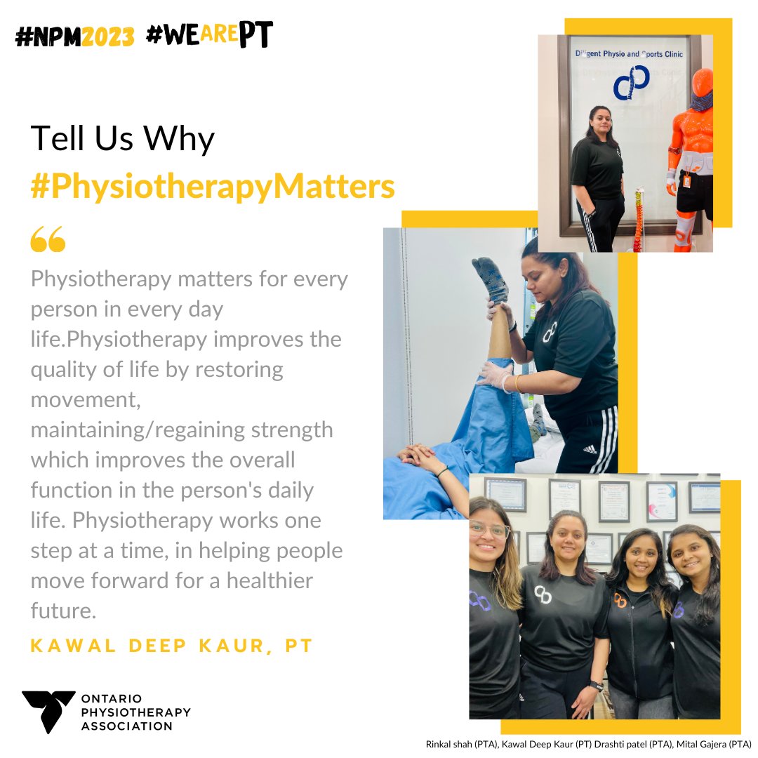 Physiotherapists help restore movement, regain strength and improve overall function. Thank you, Kawal, for sharing why #PhysiotherapyHelps in our communities. #WeArePT #NPM2023