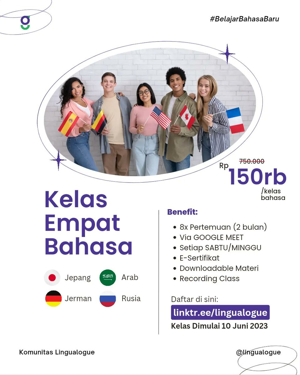 UPGRADE SKILL GA PERLU MAHAL! Cukup dengan 150k udah bisa belajar bahasa asing selama dua bulan.

Tersedia EMPAT Kelas Bahasa, yaitu:
🇯🇵 Jepang
🇩🇪 Jerman
🇸🇦 Arab
🇷🇺 Rusia

#langtwt #ambisverse #ambistwt #kursusbahasa #belajarbahasa