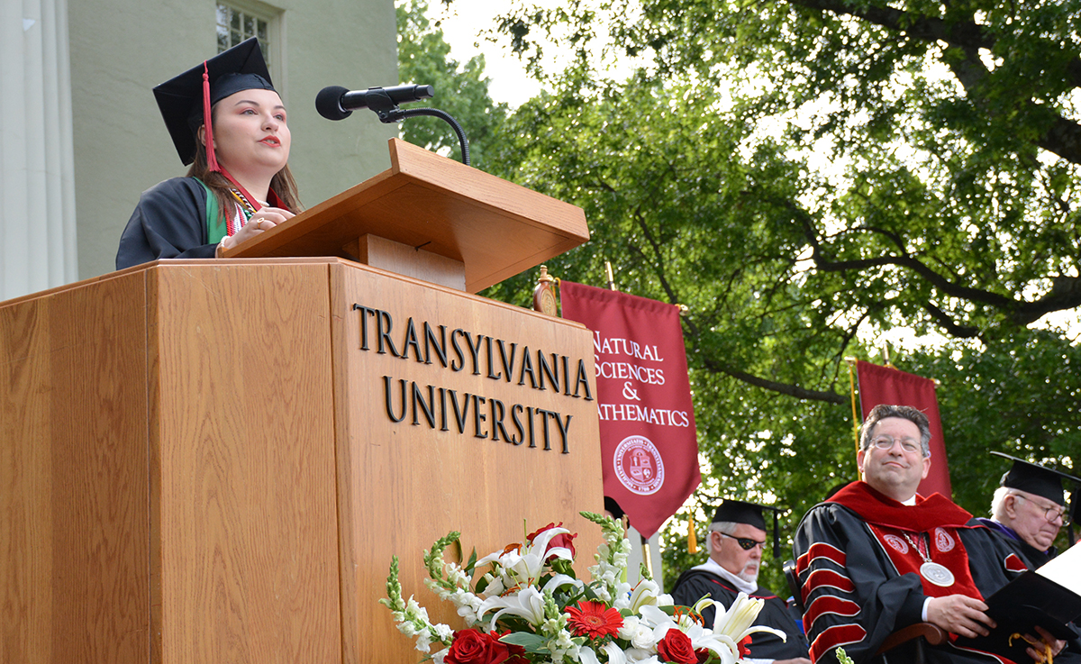 Transy's tweet photo. Caroline Shutt, a writing, rhetoric and communication major from Owensboro, gave our commencement speech this morning on the power of saying "yes." #TransyGrad #Transy2023 https://t.co/8qHqcwUHlW