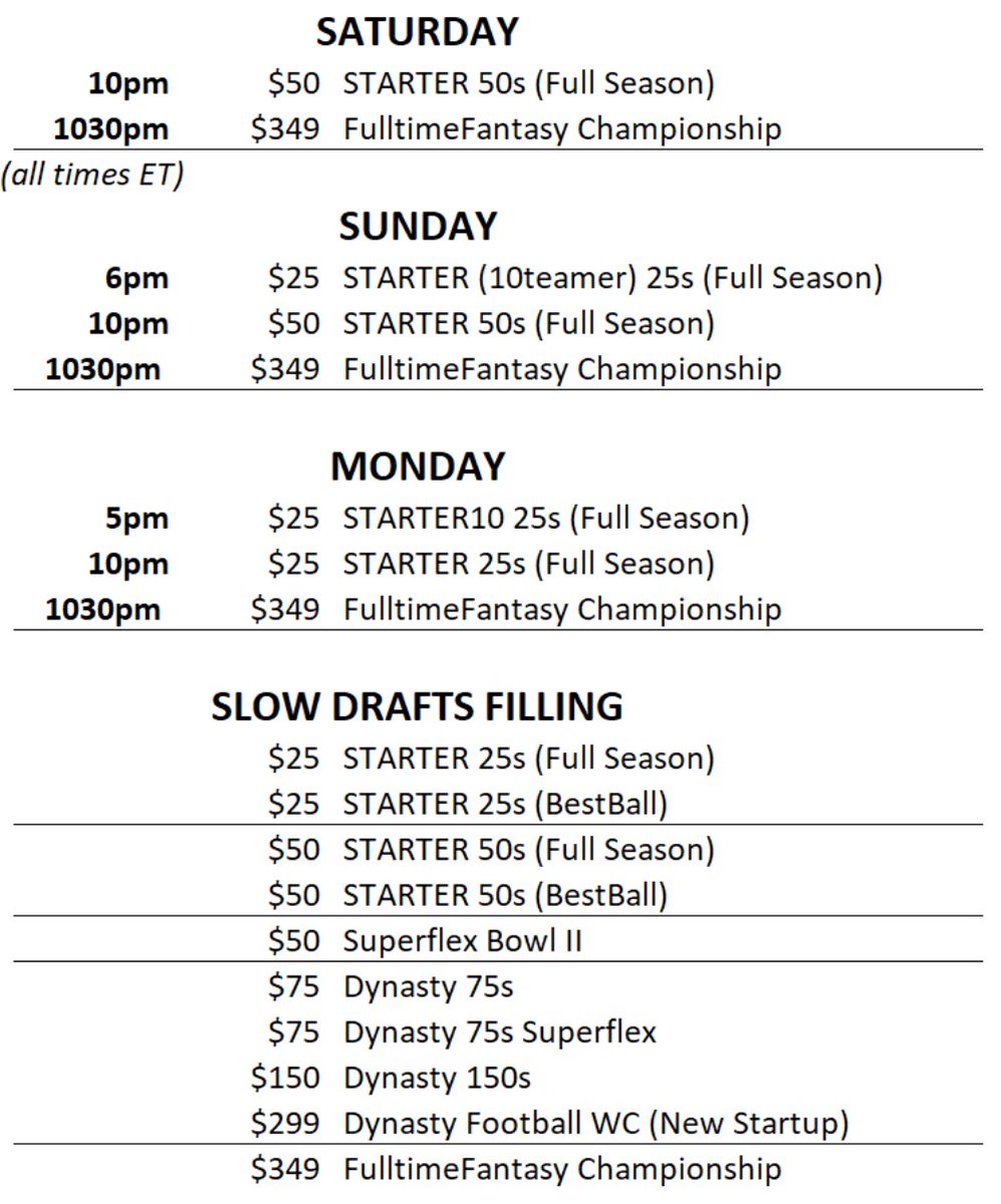 Happy Memorial Day Weekend to everybody, most importantly, to those who serve and to families who have loved ones we've lost. Family and fantasy football, what could be better? Great job filling all leagues last night. Here's this weekend's draft schedule: play.fulltimefantasy.com/lobby.php