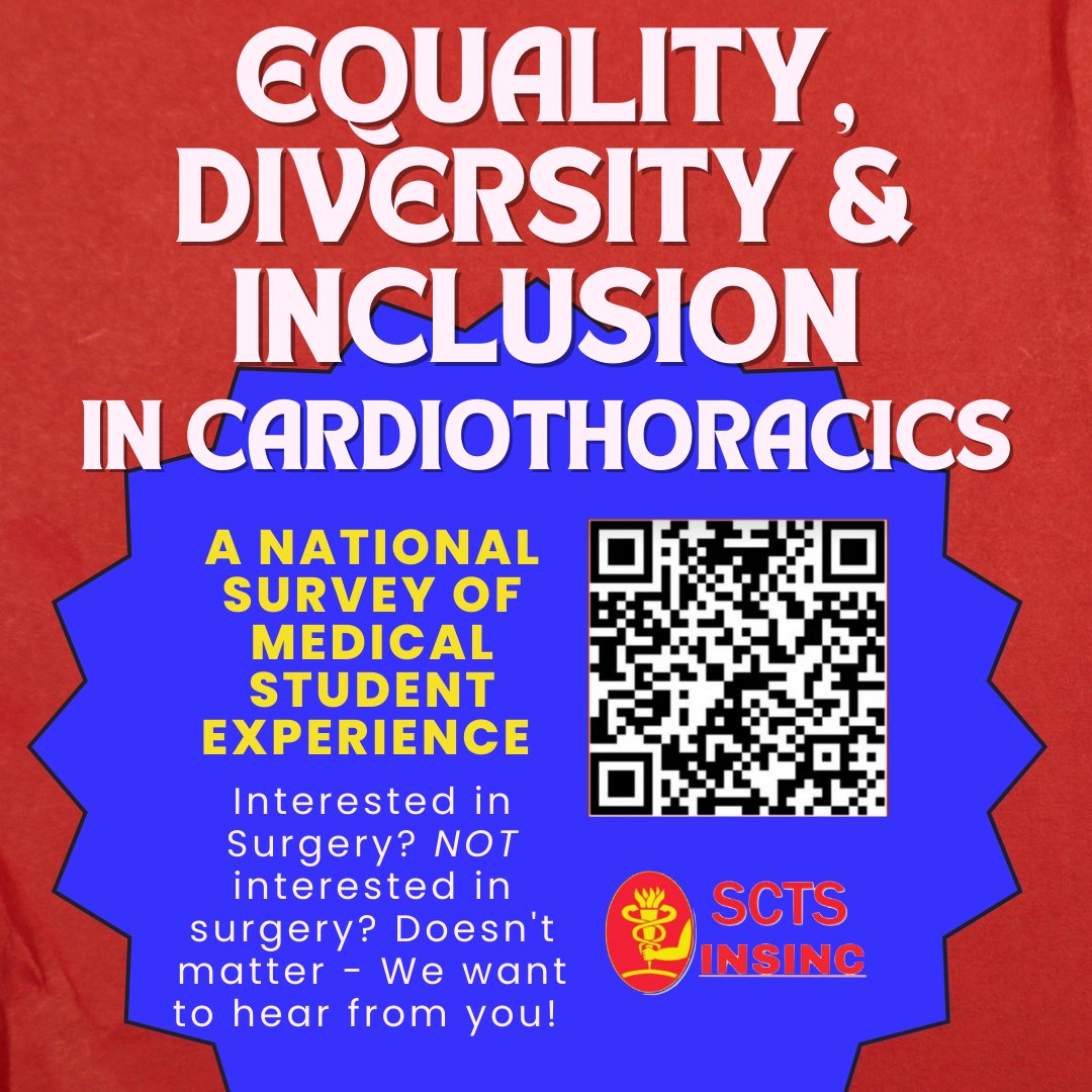 Medical students - there’s still time left to respond! We need your insight to study Equality, Diversity, and Inclusion in Cardiothoracics. Fill out the national survey now! forms.gle/6x75nddtT7Ritw… No interest in Surgery required. Takes only 5-10 minutes!