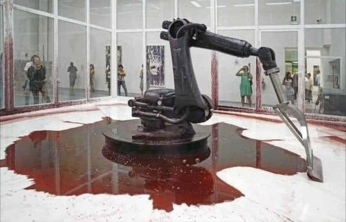 "No piece of art has ever emotionally affected me the way this robot arm piece has. It's programmed to try to contain the hydraulic fluid that’s constantly leaking out and required to keep itself running...if too much escapes, it will die so it's desperately trying to pull it