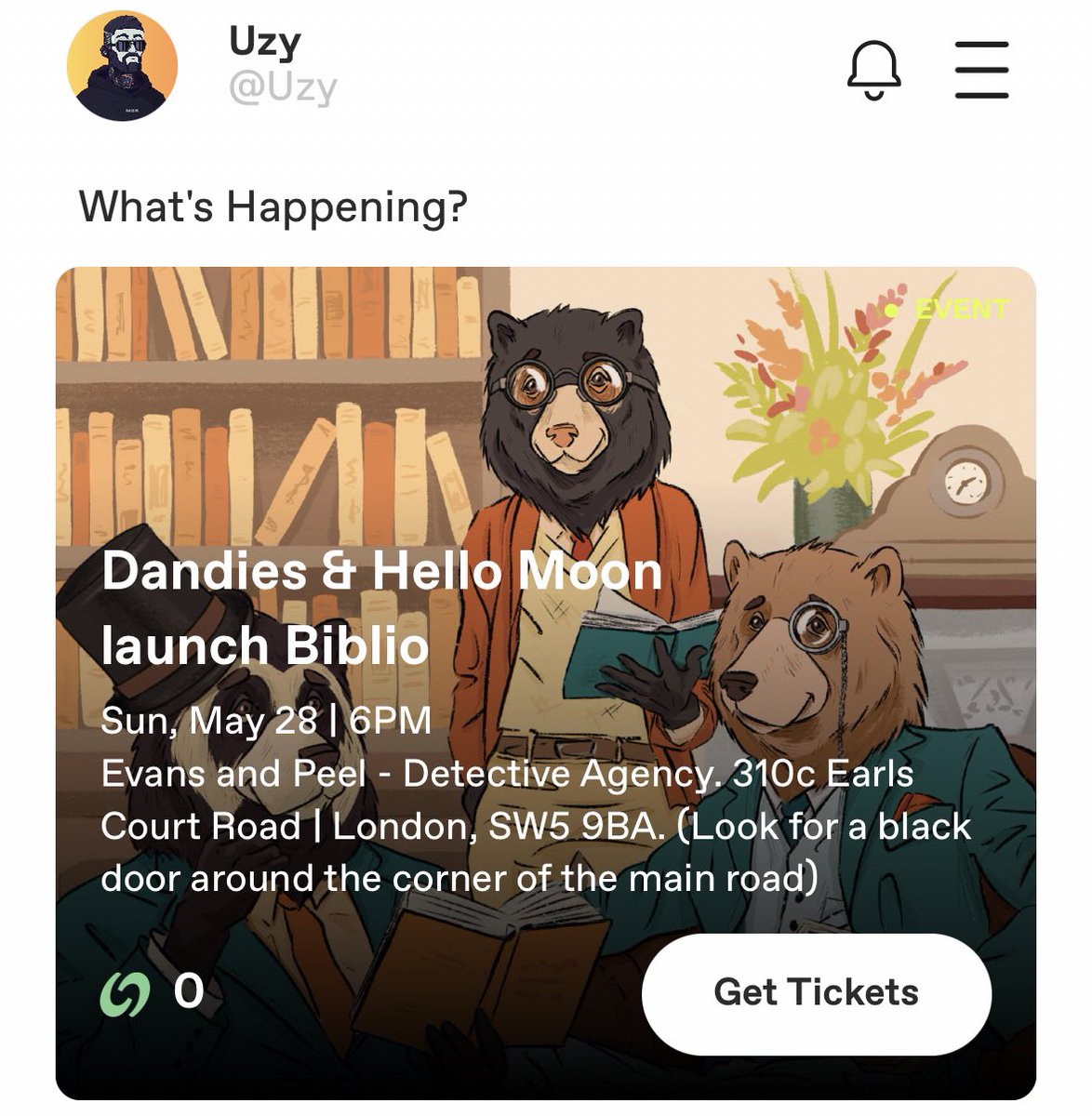 Excited to welcome everyone to London for the <a href="/DandiesNFT/">Dandies</a> &amp; <a href="/HelloMoon_io/">Hello Moon</a> launch party for Biblio. 

If you registered through the google form or with me, you’ll receive your ticket on <a href="/RoveWorldApp/">R💫VE</a> &amp; don’t need to do anything else.

Please don’t try to claim additional tickets!