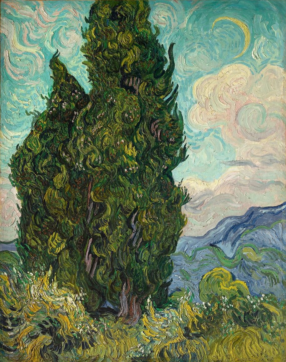 An impressionist painting depicts a cypress tree using swirling paint strokes of different shades of green. Surrounding it is a landscape with grass and mountains in the distance against a cloudy blue sky. In the top right corner is a crescent moon.