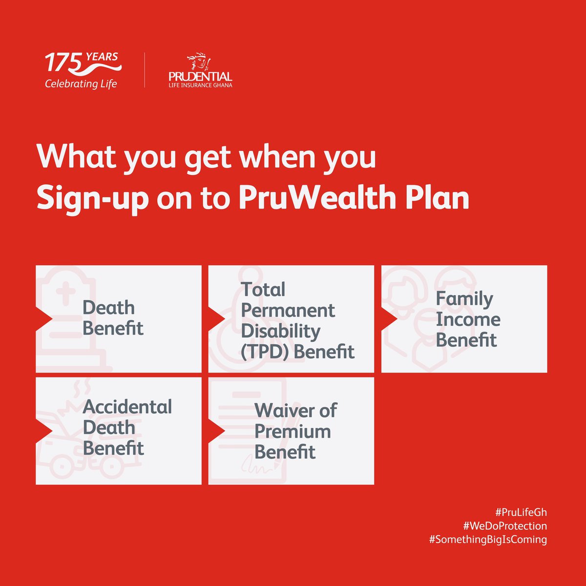 Signing up for the PruWealth Plan with Prudential Life gives you an endowment plan plus insurance cover benefits.
Want to know more? Call 0302208877 now.
#PruLifeGH
#WeDoProtection
#SomethingBigIsComing #featurebyprudentiallife