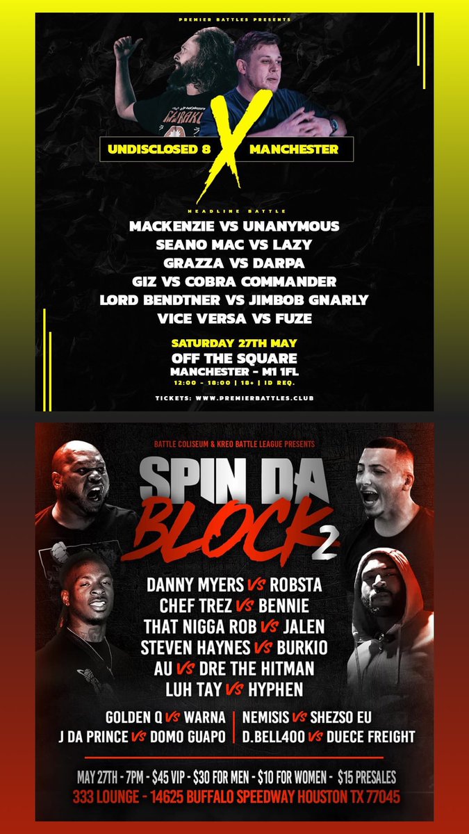 AllThingsBatRap's tweet photo. This Weekend in Battle Rap‼️
#TAKEOVER5
JC vs E FARRELL
#TOYS
THE SAURUS vs B NASTY
#SNL #LadiesNight
#Flatline
BIG TALI vs BEARVAN
@PremierBattle #Undisclosed8
#SpinDaBlock w/ Danny Myers, Chef Trez
@CrowdShyt #LWGYK
#ChurchNTheWild
w/ A.Ward, Saga, Loso, Street Hymns https://t.co/ui2zGS4hrH