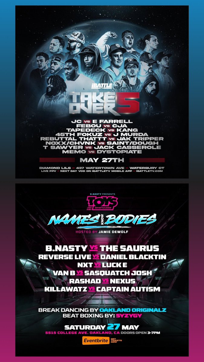 AllThingsBatRap's tweet photo. This Weekend in Battle Rap‼️
#TAKEOVER5
JC vs E FARRELL
#TOYS
THE SAURUS vs B NASTY
#SNL #LadiesNight
#Flatline
BIG TALI vs BEARVAN
@PremierBattle #Undisclosed8
#SpinDaBlock w/ Danny Myers, Chef Trez
@CrowdShyt #LWGYK
#ChurchNTheWild
w/ A.Ward, Saga, Loso, Street Hymns https://t.co/ui2zGS4hrH