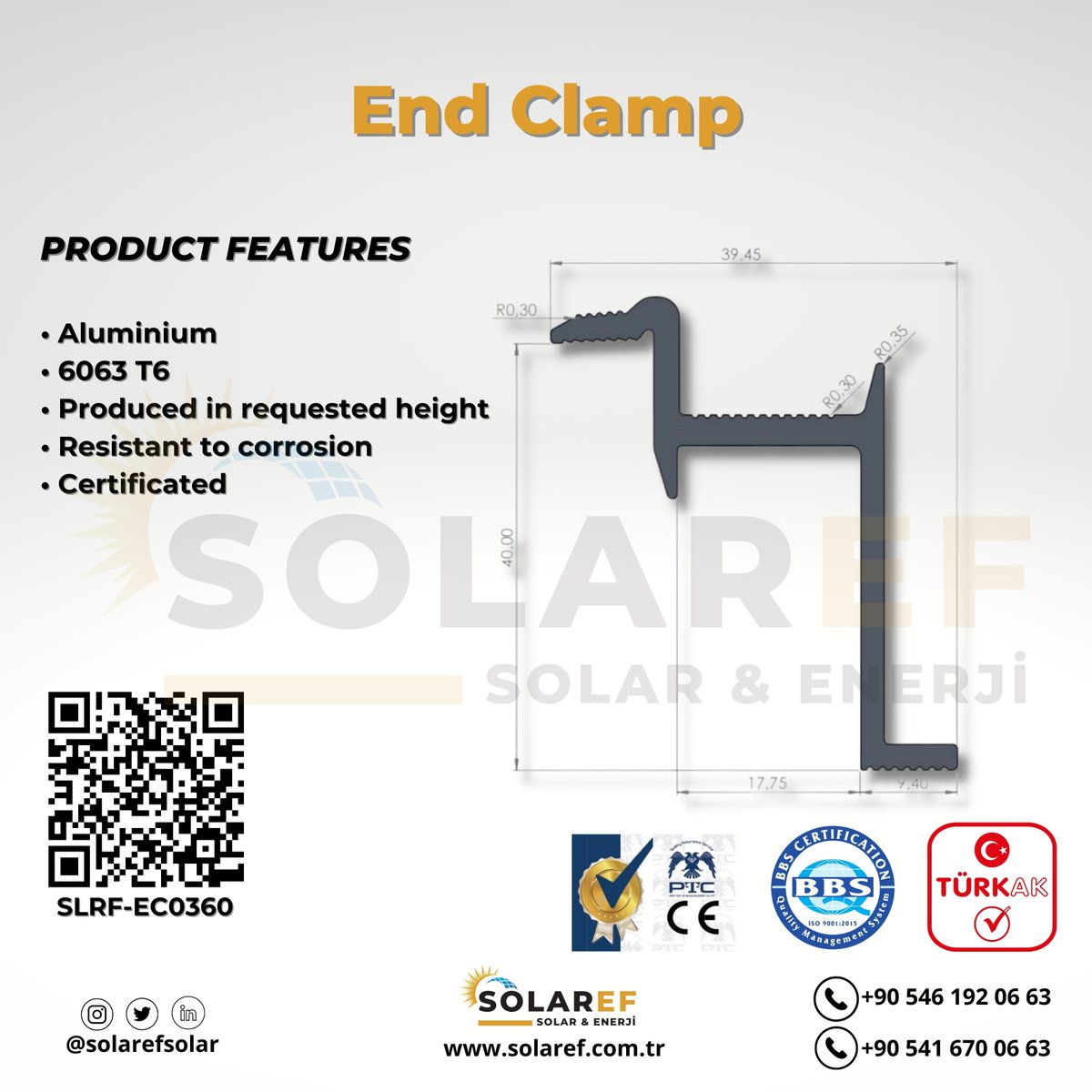 TR/EN
Sonlandırıcı Clamp 3 / End Clamp 3
-Sertifikalı / Certified
-İhracat kalitesinde / Export quality
-Garanti / Guarantee
-T6 6063 Kalite / T6 6063 Quality
Sipariş için / For Order
0546 192 06 63 |Ankara #solarenergy #solarpanels #solarsystem