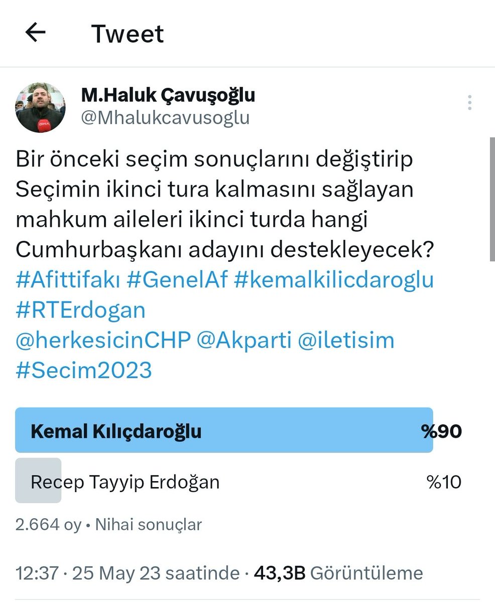Twitter üzerinden yapmış olduğumuz anket 43.000 kişi etkileşim sağladığı. anket sonucunda mahkum aileleri
13 cumhurbaşkanı adayı
Sn <a href="/kilicdarogluk/">Kemal Kılıçdaroğlu</a> 'na oy vereceklerini
Ortaya koydular. Vatana millete hayırlı olsun. Bu anket sonucunu heryerde paylaşalım. #Afittifakı #Secim2023