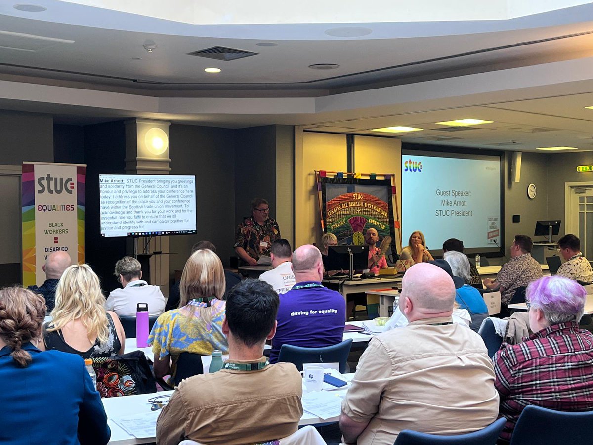 ScottishTUC's tweet photo. Mike Arnott STUC President addresses conference, Mike said “Many across Scotland look to you because of the reputation you have built and earned due to your fight for inclusion and justice for our LGBT+ community.”

#STUCLGBT23 https://t.co/uqVVOdq0op