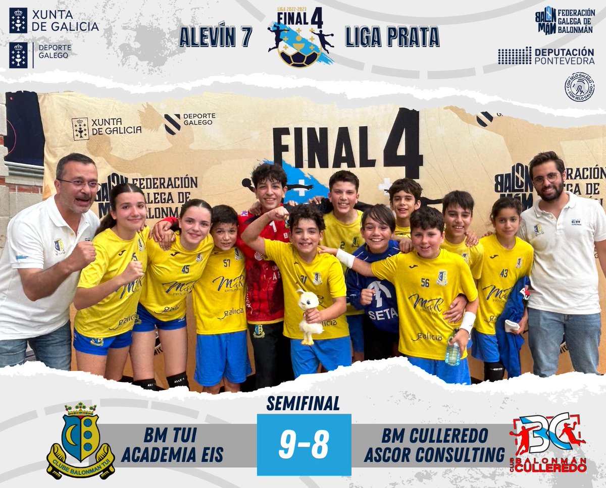 🏆 FINAL 4 ALEVÍN 7 PRATA 

🔹 Semifinal
🕘 Final 
🆚 <a href="/BALONMAN_TUI/">BM TUI</a> Academia Eis 9:8 <a href="/BmCulleredo/">Balonmán Culleredo</a> Ascor Consulting

Non puido estar máis emocionante esta semifinal que nos levou á prórroga e 7 metros. Partidazo de ambos conxuntos, noraboa aos pequen@s de Tui 🥳

#ConSeloGalego