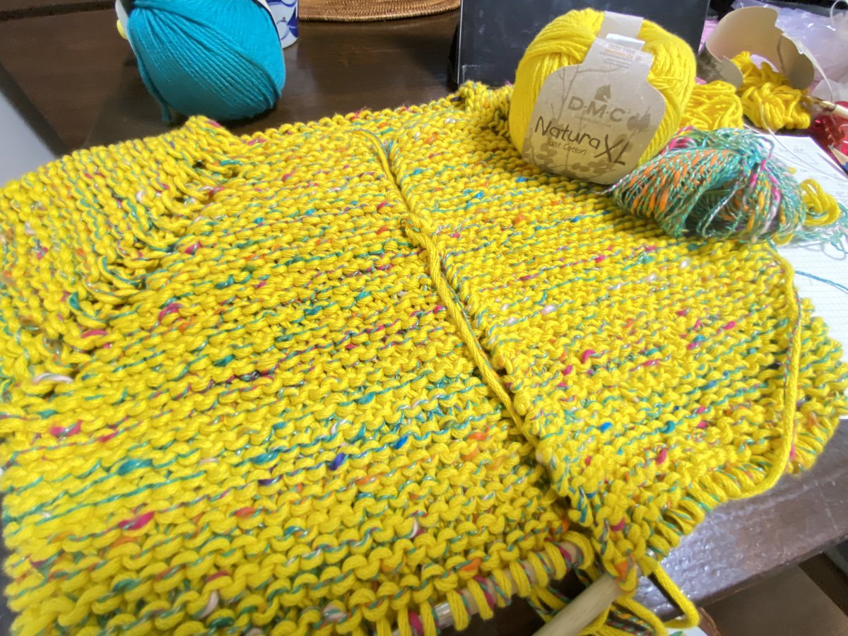 kaz_knit's tweet photo. 昨日から編み始めたカーディガン。袖も短くするから後少し。キャミワンピの上にボレロのようにして着たいな。
糸追加で買いに走ったけど買いすぎたかも😅 https://t.co/JbRhj39Zmy