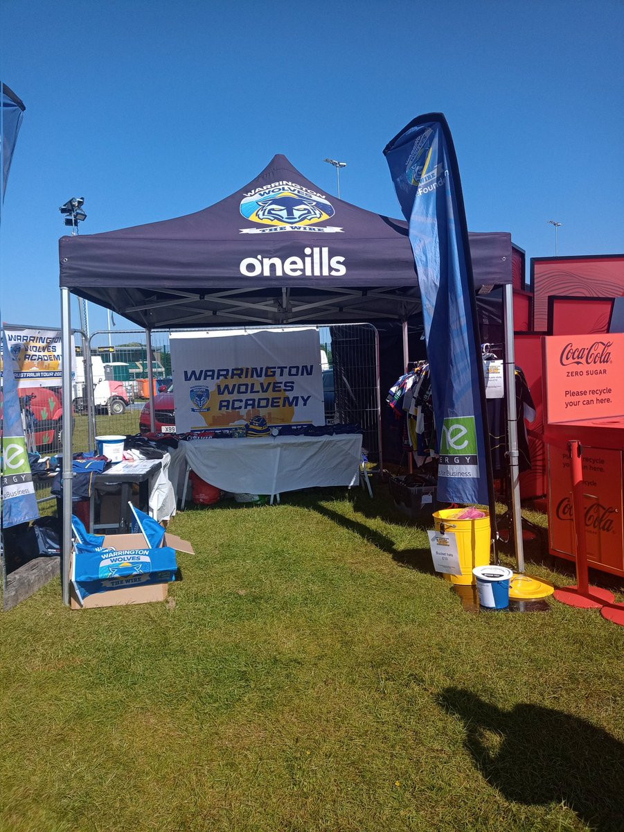 WarrWolvesST's tweet photo. All set up and ready for @nbhdweekender 
Massive thanks to @SJMConcerts for inviting us to this amazing experience. We're selling retro rugby shirts, Bucket hats, water bottles supporting our @WarringtonRLFC Academy Australia Tour fundraising. 👍😃💛💙
Come and see us. https://t.co/mbpwCtMlej