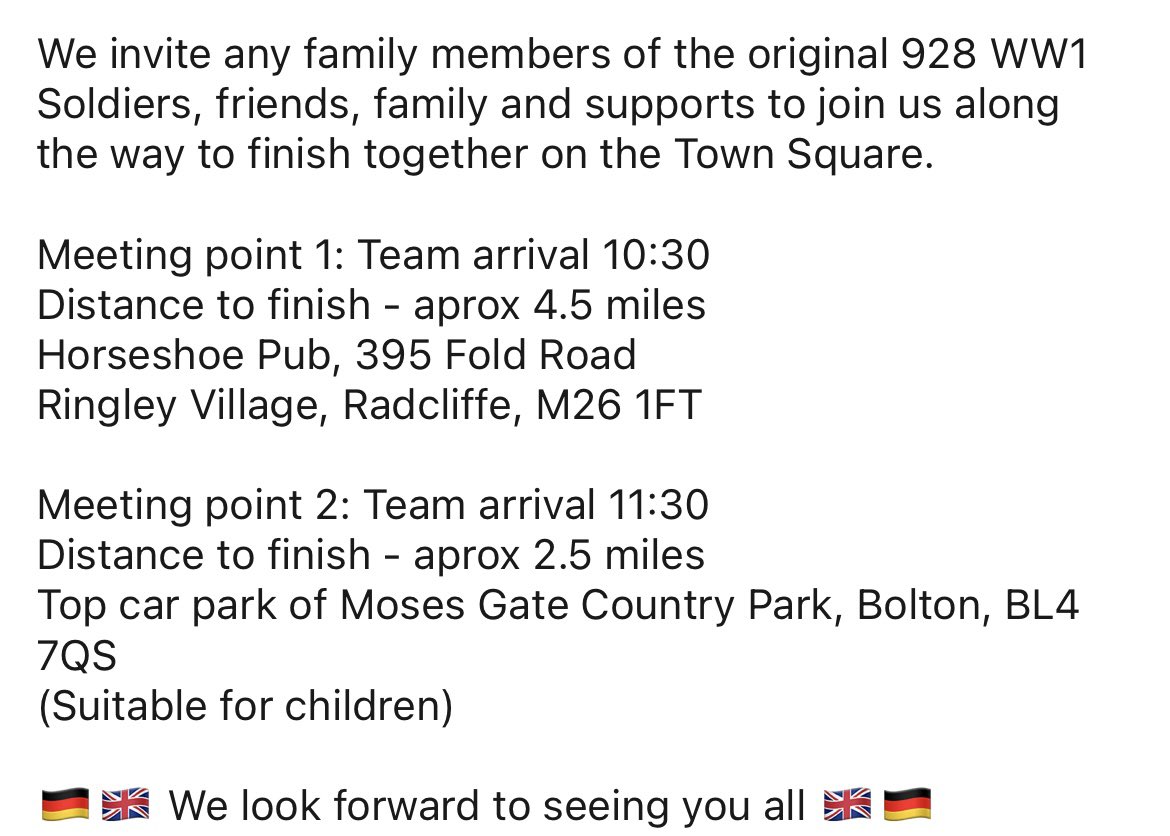 MovingForces's tweet image. We have confirmed the final leg of our 🇩🇪to 🇬🇧walk - retracing returning WW1 POWs journey home. The team will set off on Sat 24th from Manchester to Bolton - Come &amp;amp; Join us! 
@BoltonFM @KeepBoltonMovin @PH_Bolton @OfficialBWITC @boltonnhsft @WWTWNorthWest @boltongpfed