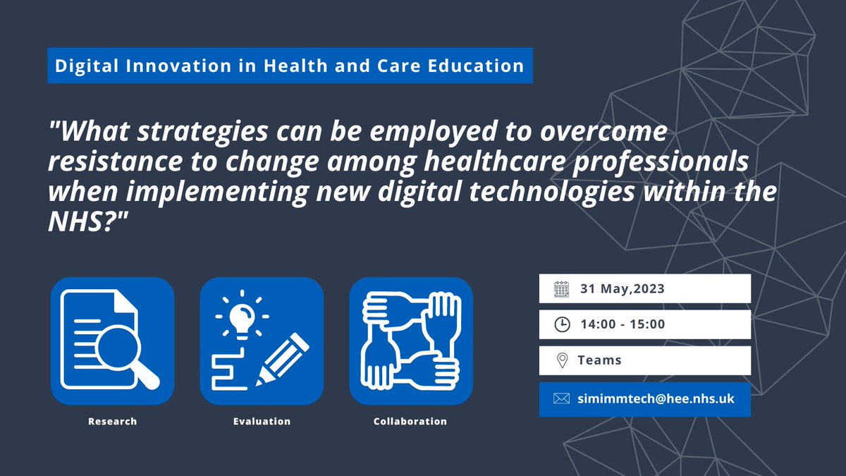 NHSE_TEL's tweet photo. The May DIHCE meeting will be on Wednesday 31st at 2pm. We have members working in the NHS, HE, FE and social care, from all around the UK. If you'd like to join the community and get involved with the discussions, please email simimmtech@hee.nhs.uk https://t.co/jjvyBusqXC
