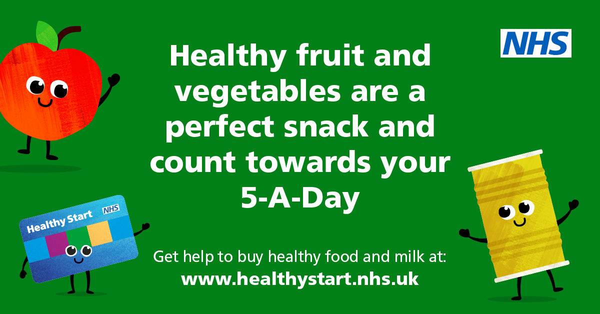 Fruit and vegetables are a great snack, and count towards you and your family getting your 5-A-Day.🍎

Find out more about the Healthy Start scheme and how it can benefit your family: healthystart.nhs.uk