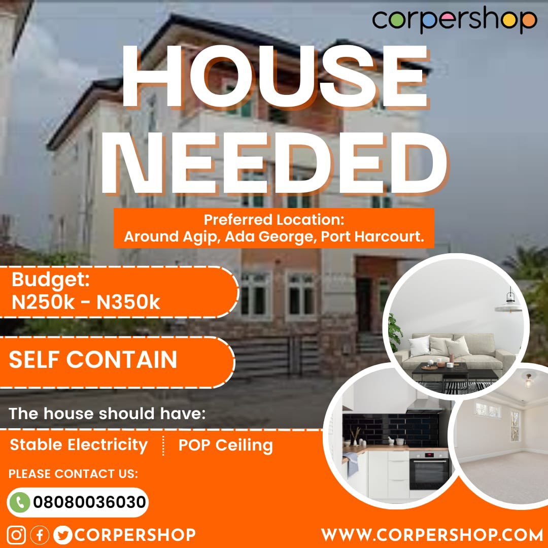 corpershop's tweet photo. House Needed! 💯
Type: Self Contain 
Preferred Location: Around Agip, Ada George, Port Harcourt 
Budget: 250k - 350k 
Note: Stable electricity and Pop Ceiling is required 😊

Please contact us if you have a place like this: 08080036030

Staged | Abuja | Wike | #nysc https://t.co/iTpAlz3sqA