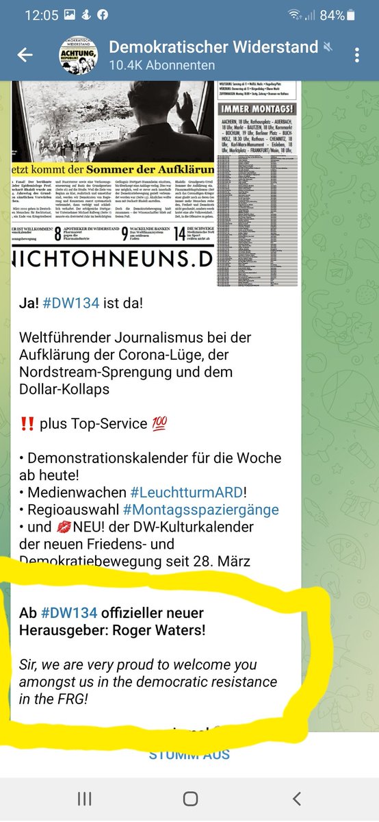 ...das erstaunt nicht wirklich: Auf Telegram kündigen #AnselmLenz & Co. an, dass #RogerWaters Herausgeber des verschwörungsideologischen Blättchens '#DemokratischerWiderstand' wird. Waters steht massiv wegen #Antisemitismus in der Kritik, selbst die Berliner Polizei ermittelt...