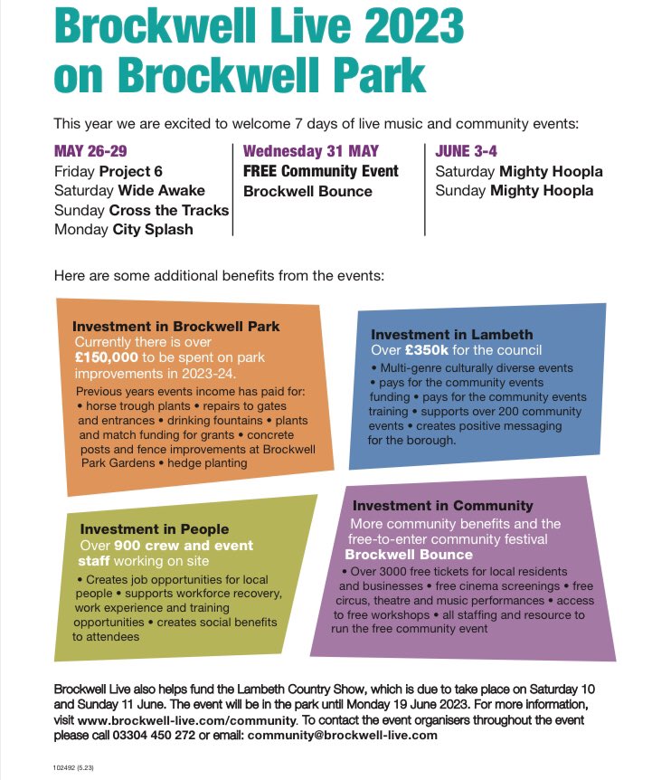 One further useful piece of info concerning the events in #BrockwellPark - for any concerns be they noise, anti-social behaviour, parking or more plse do phone the hotline 03304 450 272 or email community@brockwell-live.com. I’m also happy to be emailed on jdickson@lambeth.gov.uk