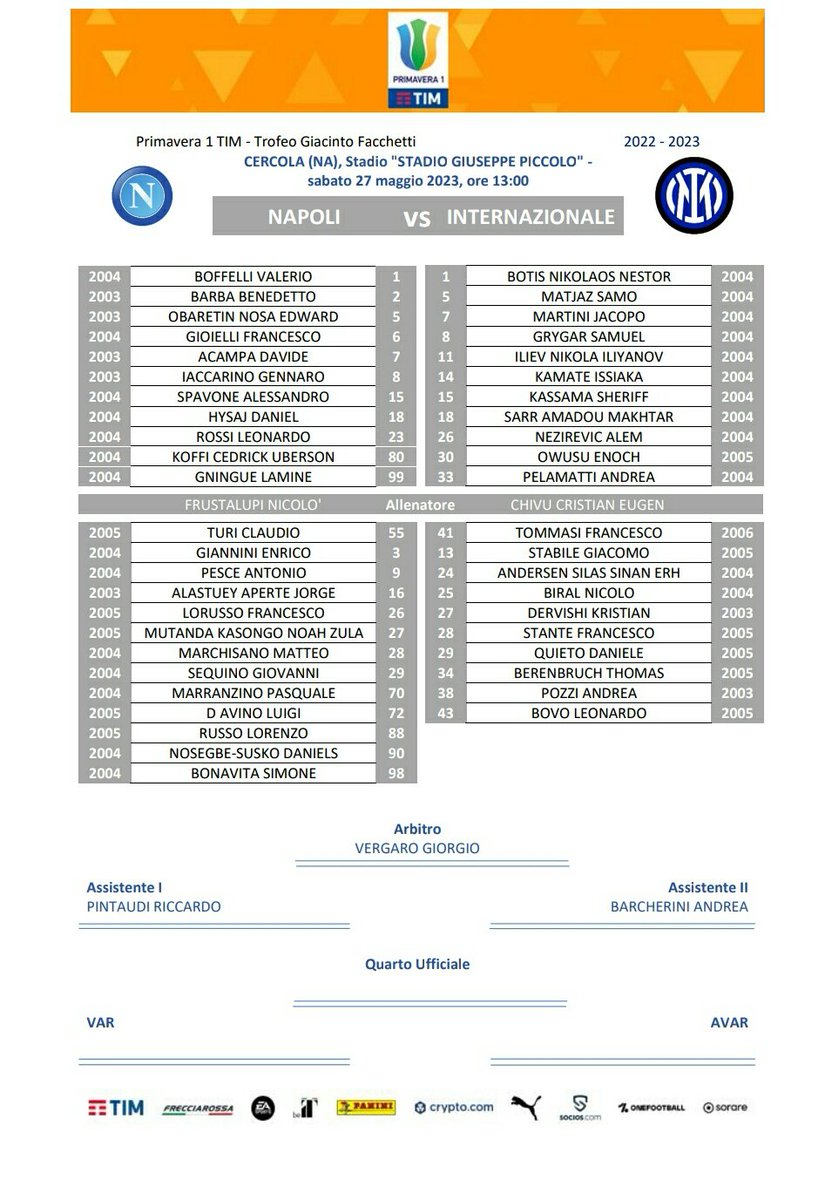 #Primavera, round 34 (ultima giornata)
#NapoliInter starting XI: #Inter senza i convocati per il Mondiale U20 e Stankovic, Akinsanmiro e Curatolo (in Prima Squadra). Iliev titolare a quasi 2 mesi dall'ultima volta

#InterYouth ⚫🔵