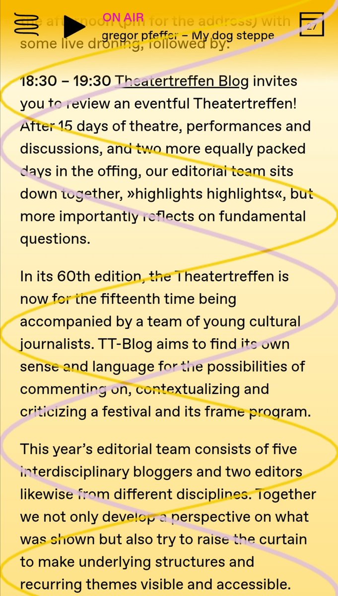 Theatertreffen-Blog (@tt__blog) on Twitter photo Müde vom ganzen Lesen? Heute Abend sind wir zu Gast bei Radio Cashmere und geben - über eine ganze Stunde hinweg - Einblicke in das Theatertreffen 2023. Schaltet ein: cashmereradio.com Müde vom ganzen Lesen? Heute Abend sind wir zu Gast bei Radio Cashmere und geben - über eine ganze Stunde hinweg - Einblicke in das Theatertreffen 2023. Schaltet ein: cashmereradio.com
