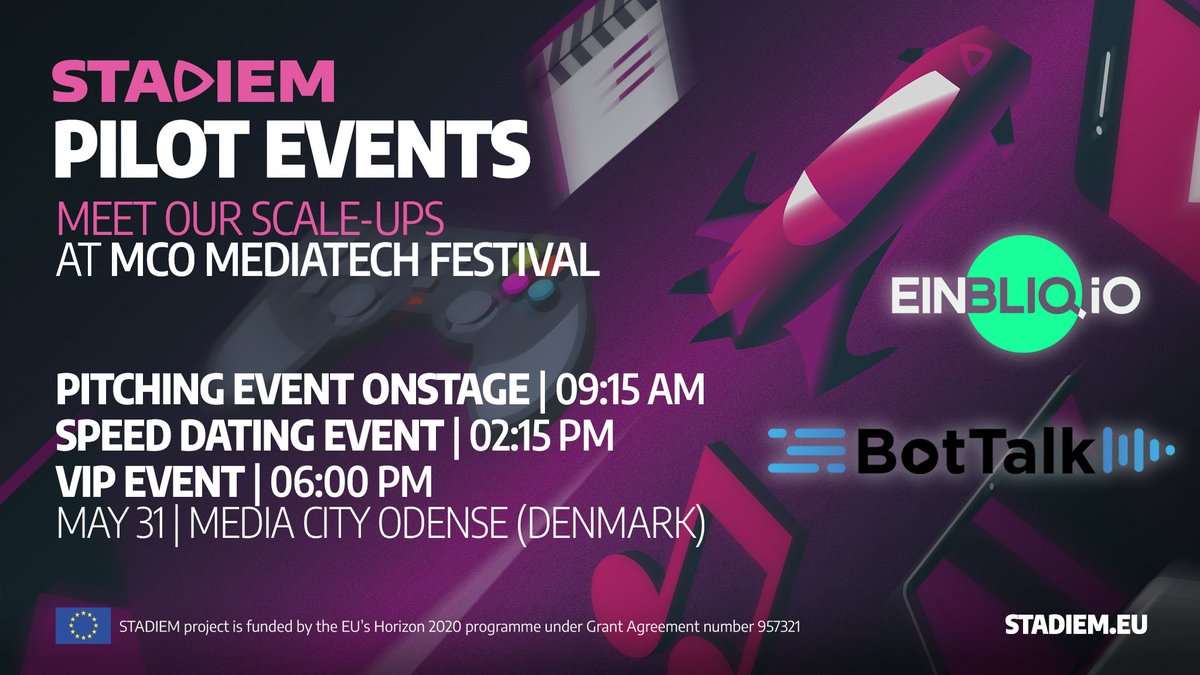 The #PilotEvents tour continues <a href="/MediaCityOdense/">Media City Odense</a>: a threefold participation featuring #pitching and networking 🚀
Join us and our #scaleups <a href="/bottalk_de/">BotTalk - Lifelike Text to Speech</a> &amp; <a href="/einbliq_io/">einbliq.io</a> there on May 31!➡️buff.ly/3N0D8zm

<a href="/MediaCityBergen/">Media City Bergen</a> @VRTSandbox 
<a href="/EU_HaDEA/">HaDEA</a>