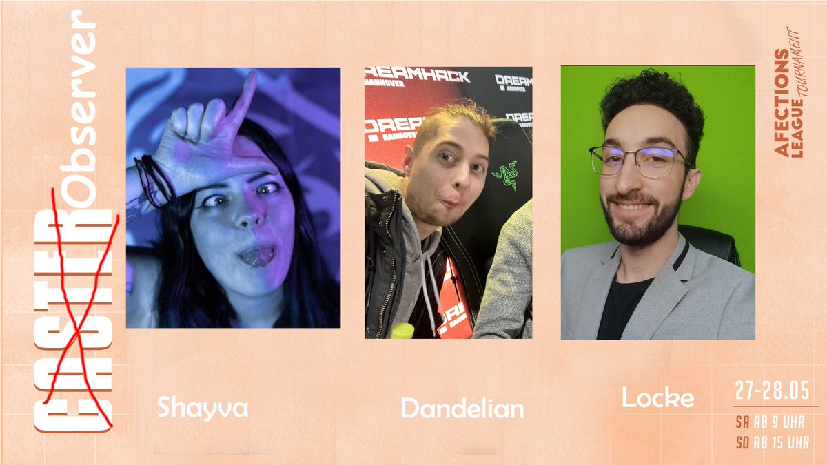 Hey Leute, es ist soweit! 🔥 Wir sind jetzt LIVE mit unserem aufregenden Streamer-Turnier! 📷 Schaltet ein, genießt die Show und unterstützt einen großartigen Zweck. twitch.tv/afections 
Wir haben einige beeindruckende Observer im Einsatz
@LockeNico <a href="/DandelianLol/">Jan | Dandelian @Worlds2025</a> <a href="/Shayva12/">laraistlost</a>