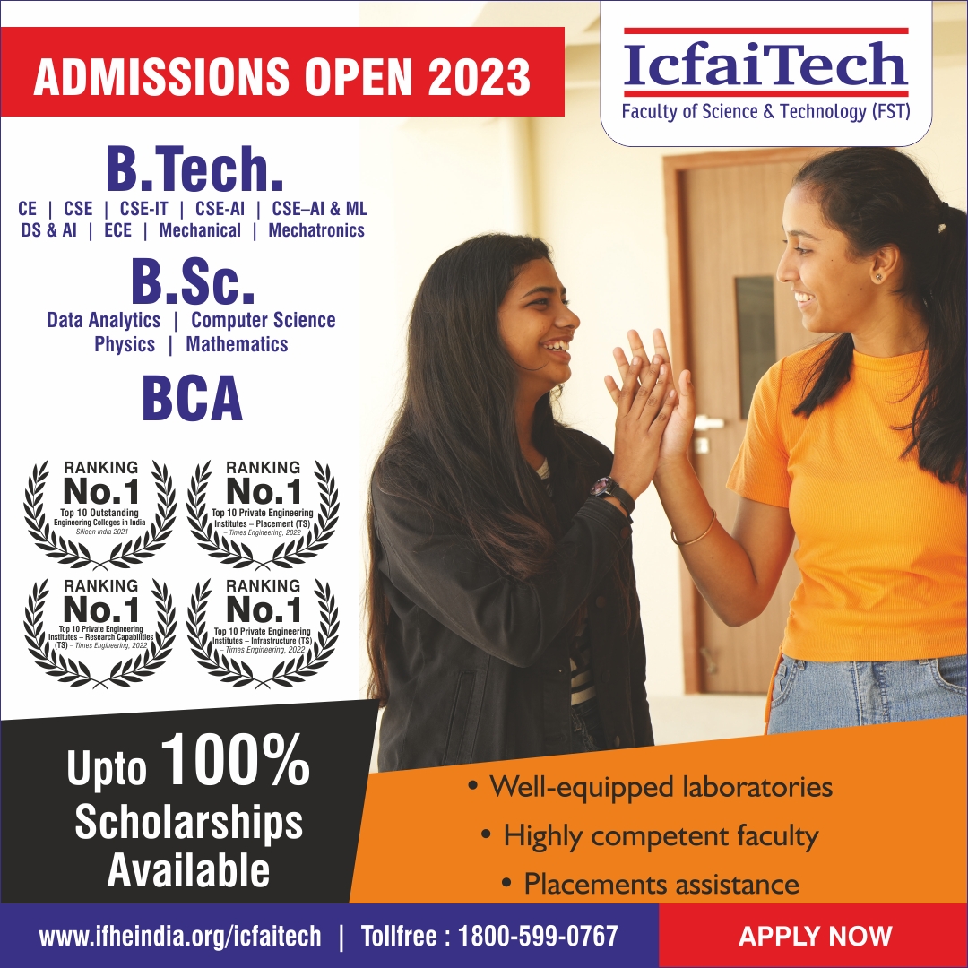 ICFAI_TECH's tweet image. Admissions are open at IcfaiTech, Hyderabad for B.Tech, B.Sc and BCA Programs 2023.

Excellent Placements and Merit Scholarships are available.

Apply Now @ bit.ly/43tD7Kp

#BTechAdmissions2023 #BSCAdmissions #BCA #Engineering
