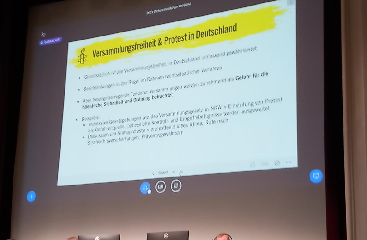 Grüße von @amnesty_de Jahresversammlung
Wir sorgen uns auch um  #Versammlungsfreiheit in Deutschland  Vorwurf der Bildung einer kriminellen Vereinigung darf nicht als Abschreckung #chillingeffect gegen #RechtAufProtest missbraucht werden!
#ProtectTheProtest #LetzteGeneration