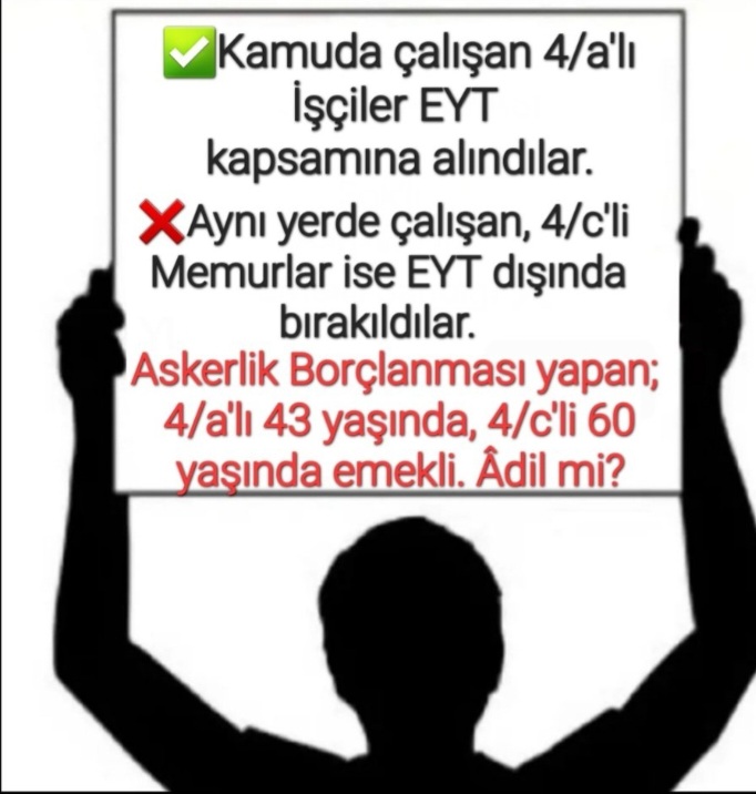 Herkese yeni haklar verilirken bizimki elimizden alındı. EYT de 4a ve 4b lere tanınan askerlik borçlanmasının hizmet başlangıcı sayılması hakkının neden 4c lerin elinden alındığını kimse izah edemiyor. 
#AskerlikMağduruMemurlar
@RTErdogan 
@DrSinanOgan 
@kilicdarogluk