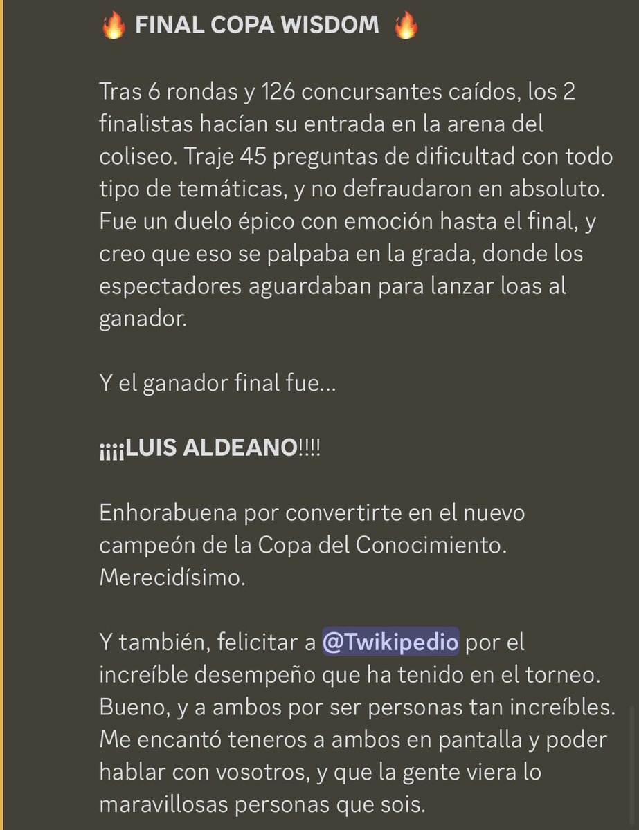 Resumen de lo que pasó anoche en la final de la Copa Wisdom en el canal de Twitch.

Gracias a <a href="/LLVT/">Luis Vallespín</a> <a href="/albertoizquier/">Alberto Izquierdo</a> por esta final a la altura de la competición, 
y a los 128 concursantes que habéis formado de esto.

Podéis ver la final completa aquí: twitch.tv/videos/1830001…