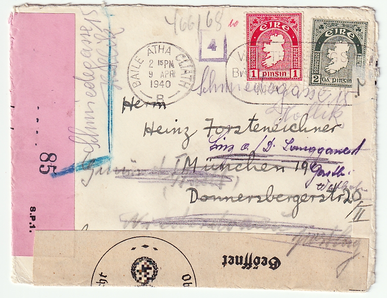 OliverKlimek's tweet photo. A bit of postal history for a change. 1940 letter from Dublin to Munich and then forwarded to annexed Austria with Irish, British and German censorship tapes. https://t.co/BT0Oimy0u4