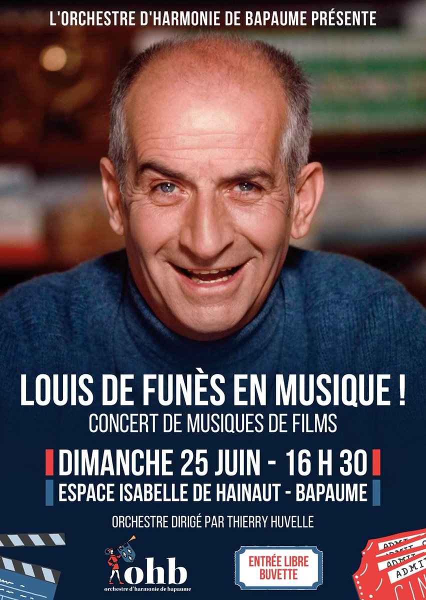 Kaelig_Watel's tweet photo. Après le succès du concert de musiques de dessins animés, l'@OHBapaume revient le 25 juin pour un concert qui devrait une nouvelle fois faire écho à de nombreuses madeleines de Proust! Venez (re)découvrir les musiques des films intemporels du grand Louis De Funès ! 🎼🎺📽️🎷🎟️ https://t.co/gBN9mgKCPd