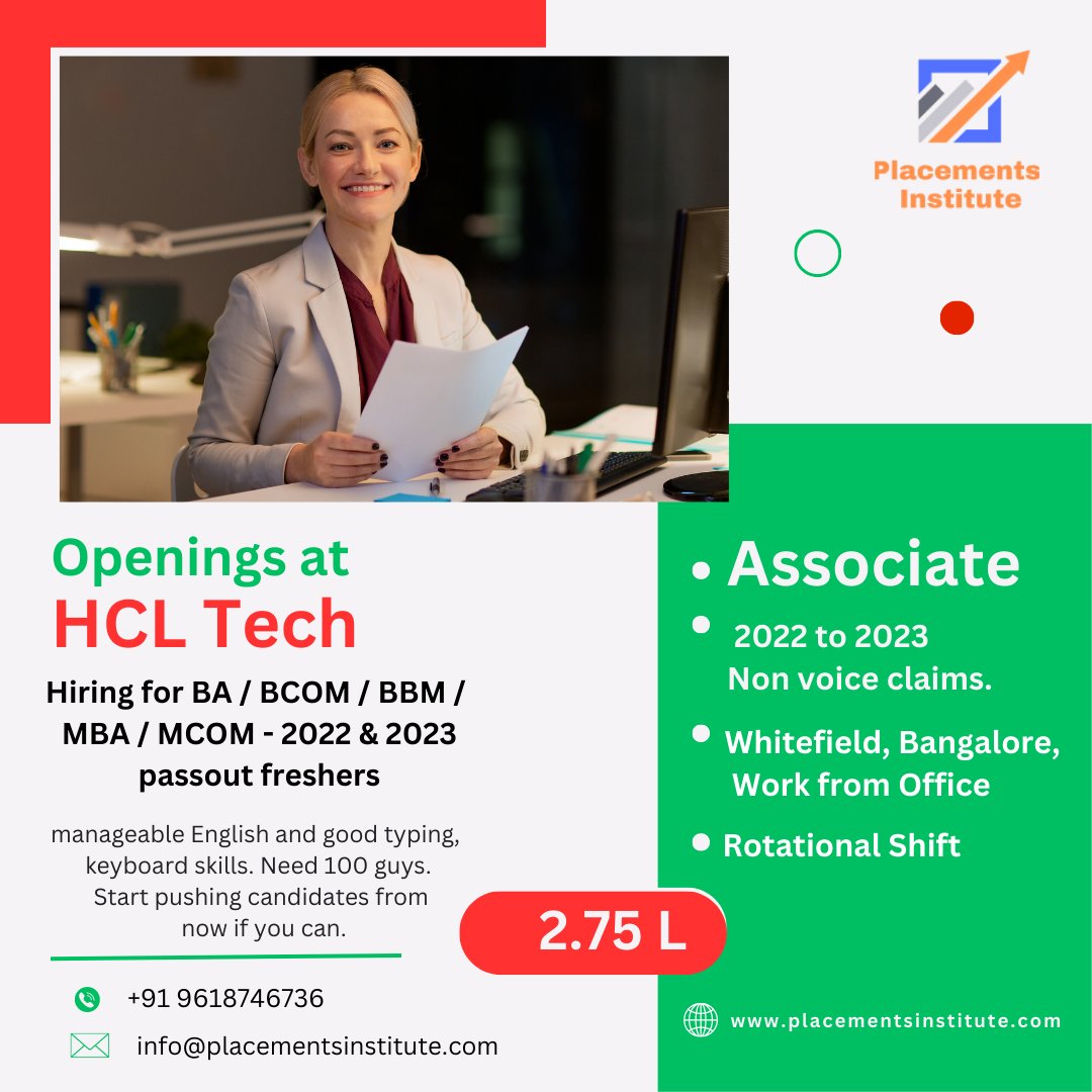 Openings at Hcl Tech - Placementsinstitute

#placementsinstitute #hcl #needprofiles #immediate #opportunities #placementseason #placementservices #freshers #getdreamjob #easily #weprovide #excellencetraining #topmnc #careergrowth #wewilltakecareofyourjob